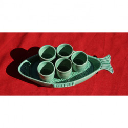 Service faience présentoir poisson et 5 gobelets ancien P L vert